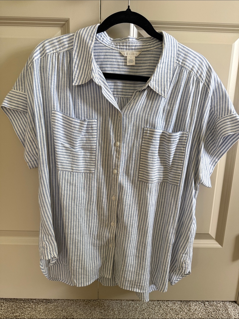 Caslon Blue Stripe Linen Blouse Size Large
